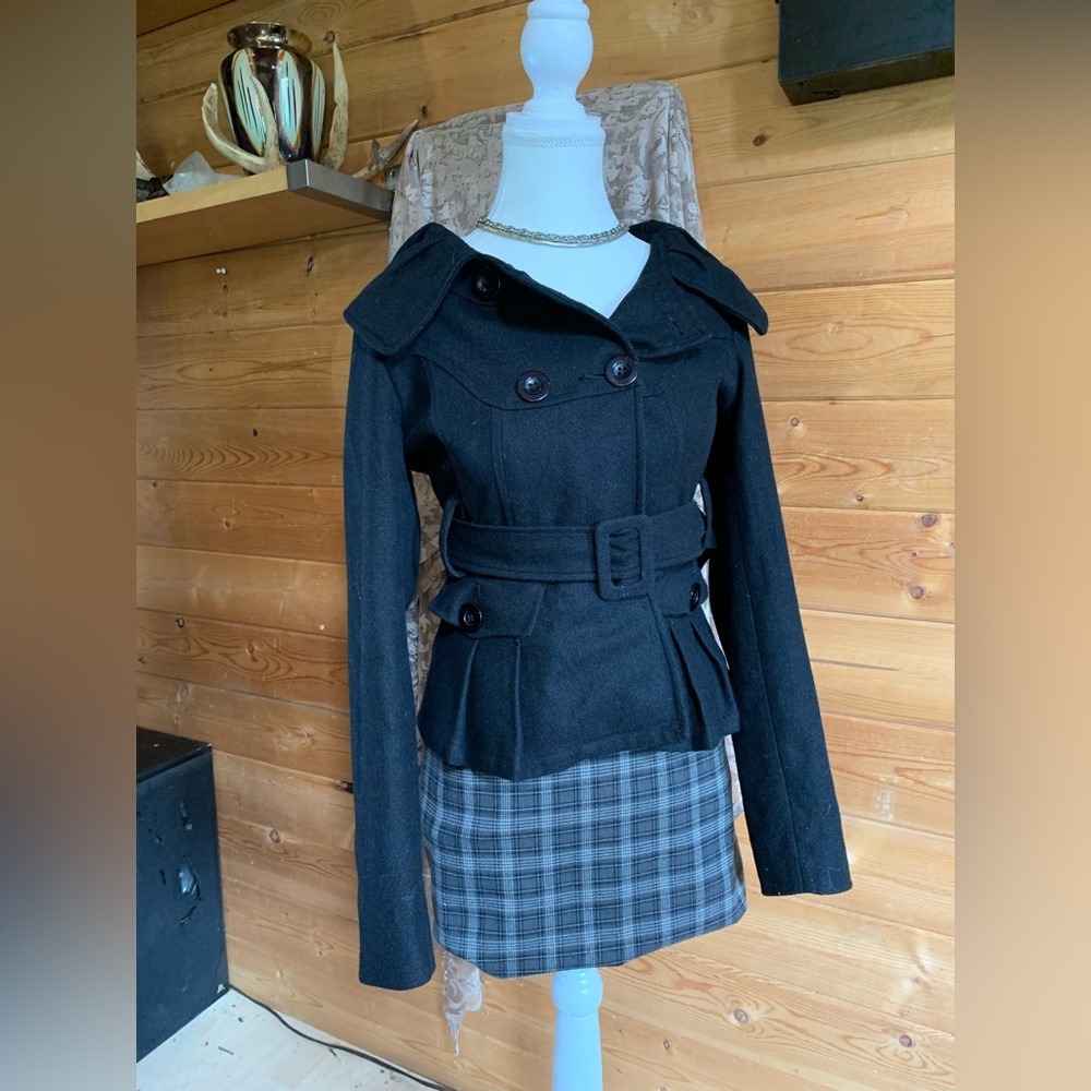 Vintage Black Pea Coat with Belt